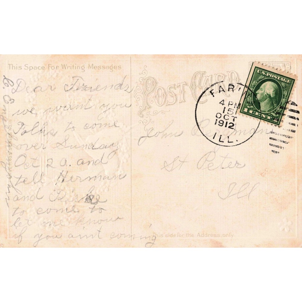 Vintage 1912 Embossed Birthday Postcard Birds Flowers Postmarked Farina IL VG - Picture 2 of 2